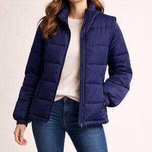 WeWoreWhat Blue Puffer Jacket with Quilted Design and Hood zip off sleeves